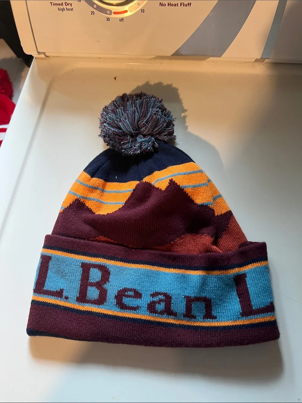 L.L. Bean Green Scenic Pom-Pom Adult Beanie with Multicolor Stripes